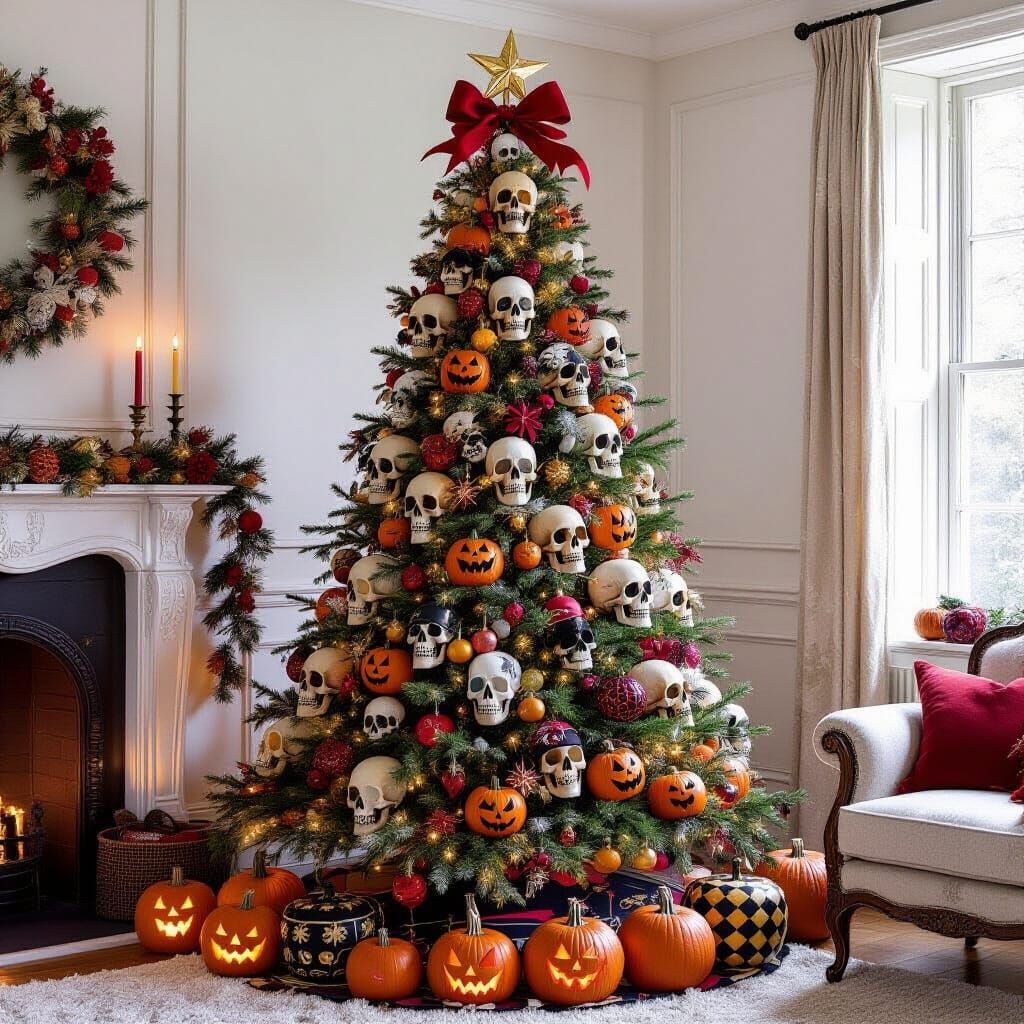 Christmas Tree Adorned with Halloween Skulls and Pumpkins