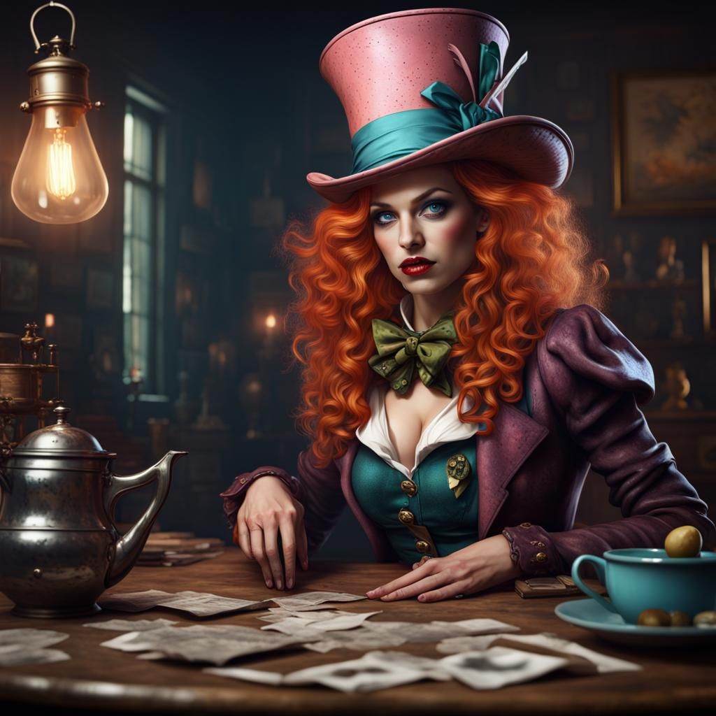 Hyperrealistic Mad Hatter Pinup Girl in Detailed Matte Paint...