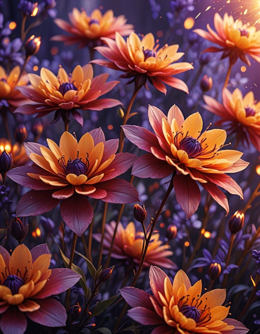 Fire Red Flowers Bursting with Light in Digital Art