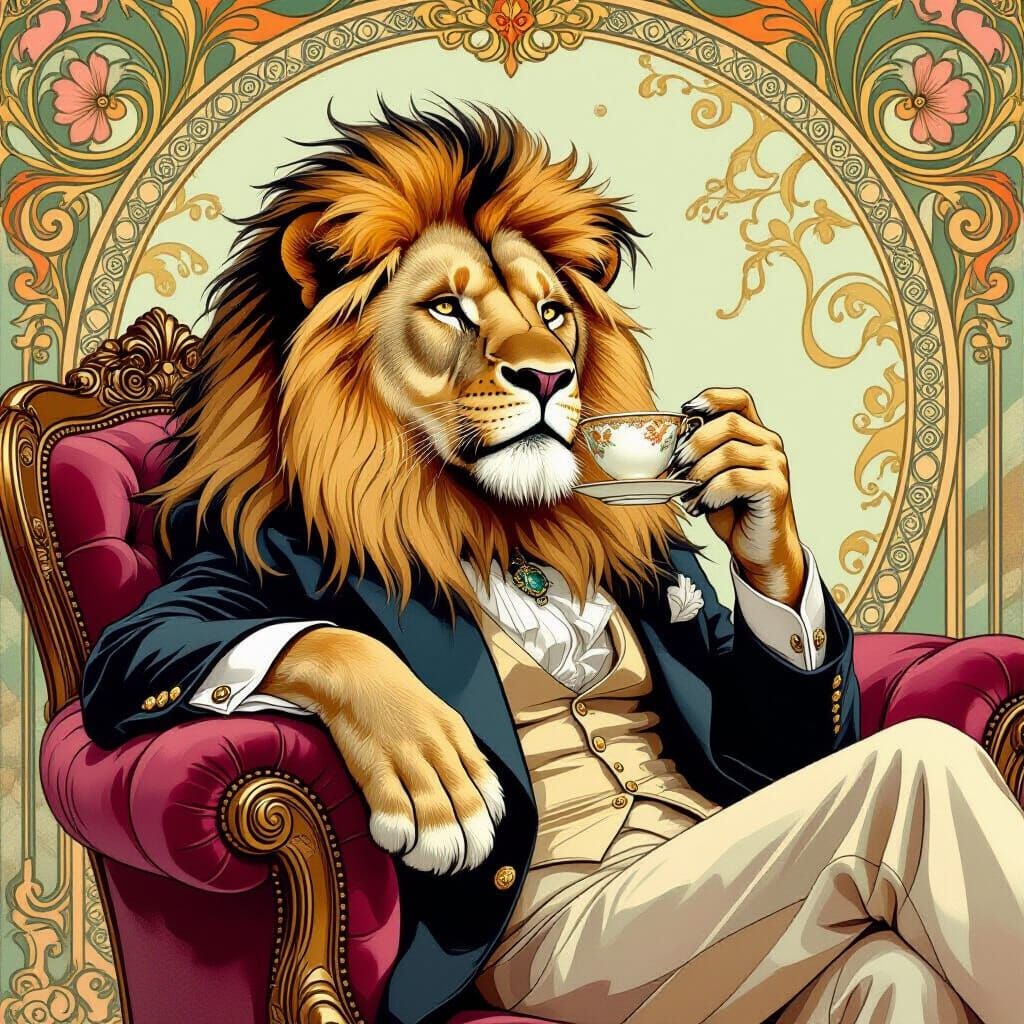 Lion Sipping Tea in Art Nouveau Style
