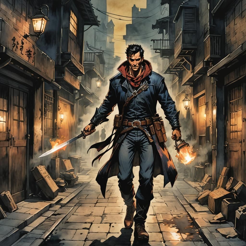 Young Ash Williams as Medieval Thief in Japanese Watercolor