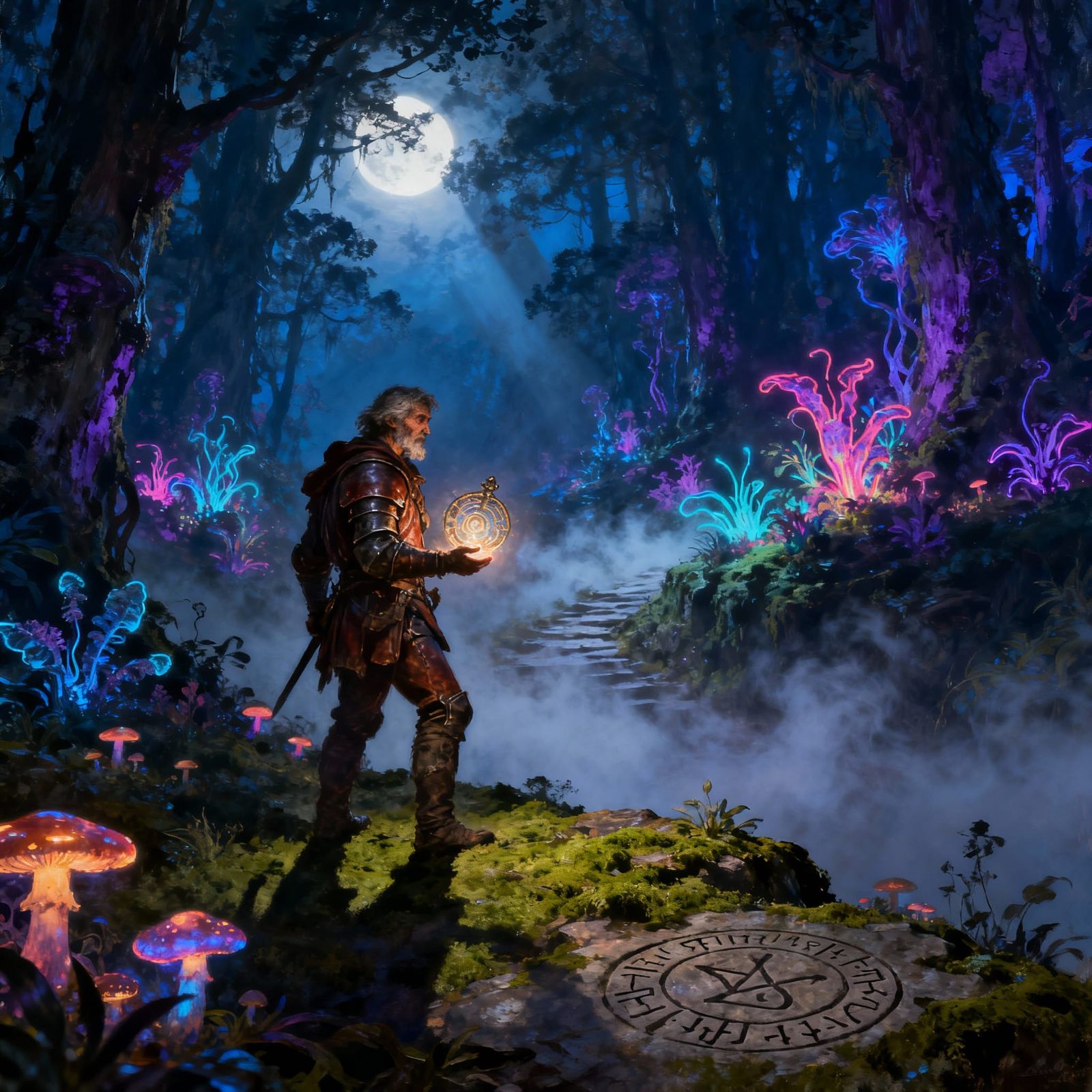 Adventurer in Bioluminescent Forest
