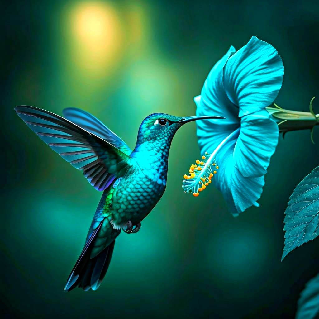 Turquoise Hummingbird with Hibiscus, Hyperdetailed Art