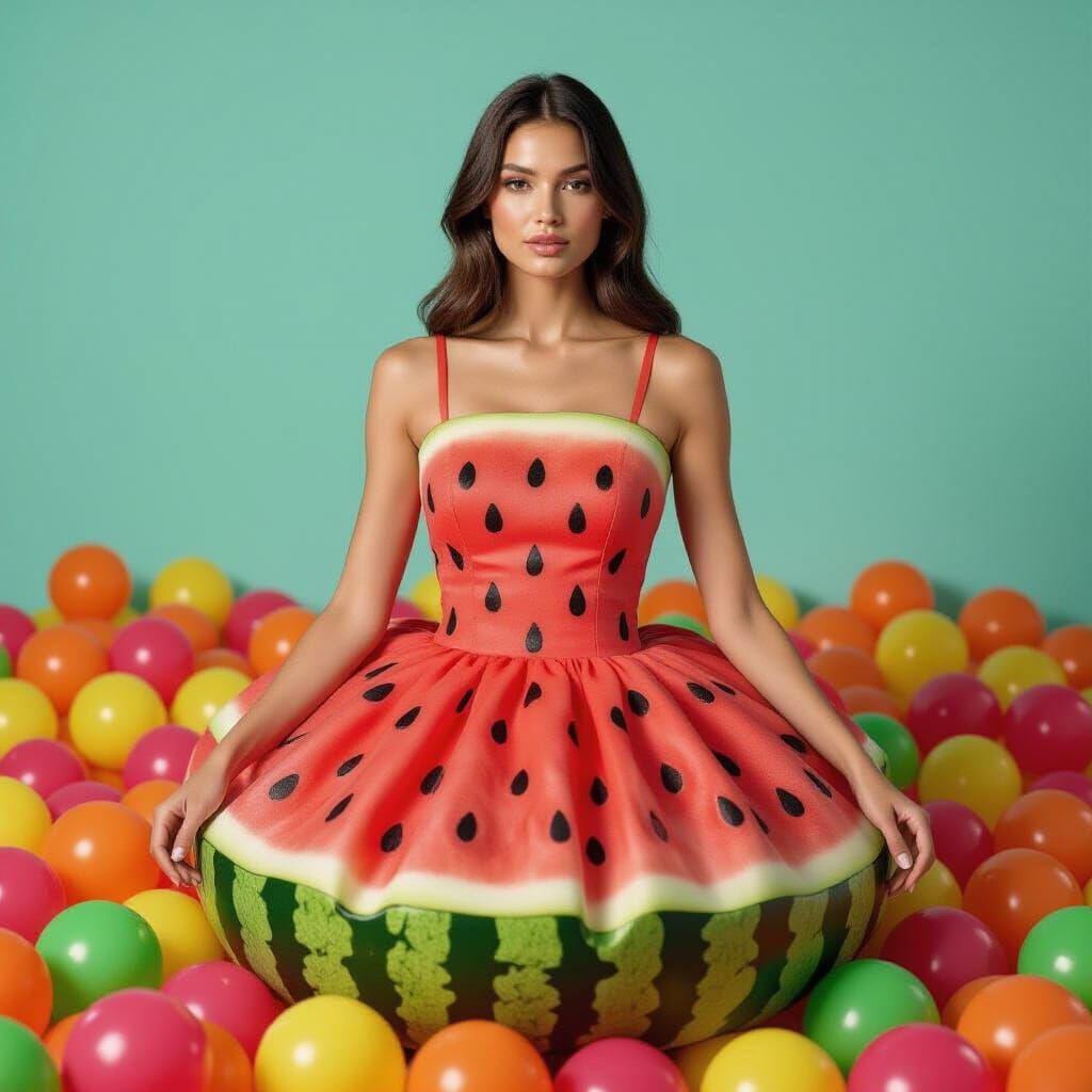 Model in Watermelon Dress in Ball Pit