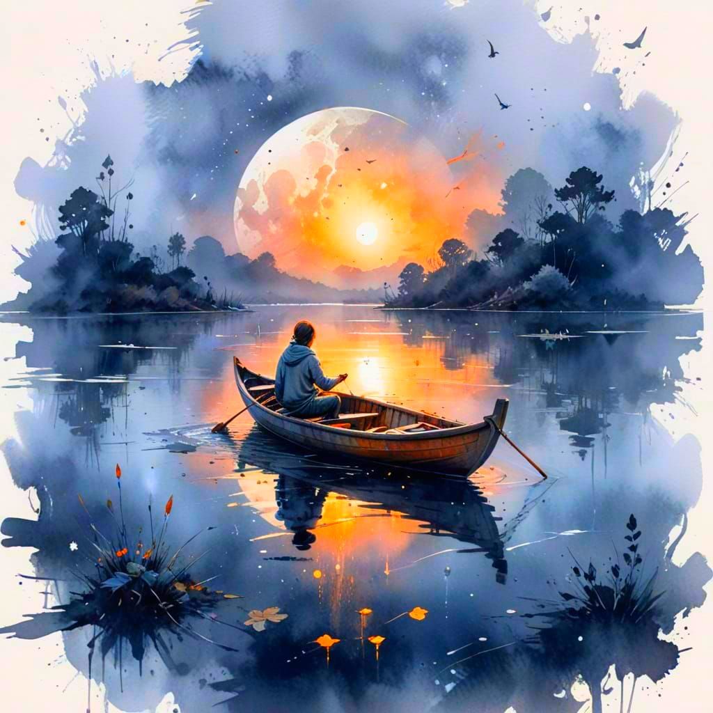 Misty Lake Moonlit Boat Ride with Luminous Particles