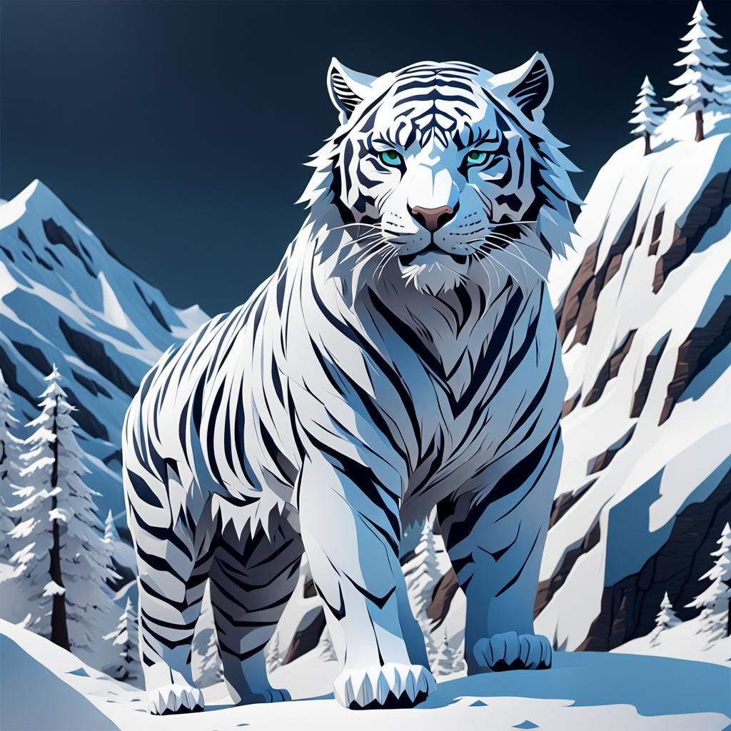 Snow Tiger Papercut Design in Anime Style