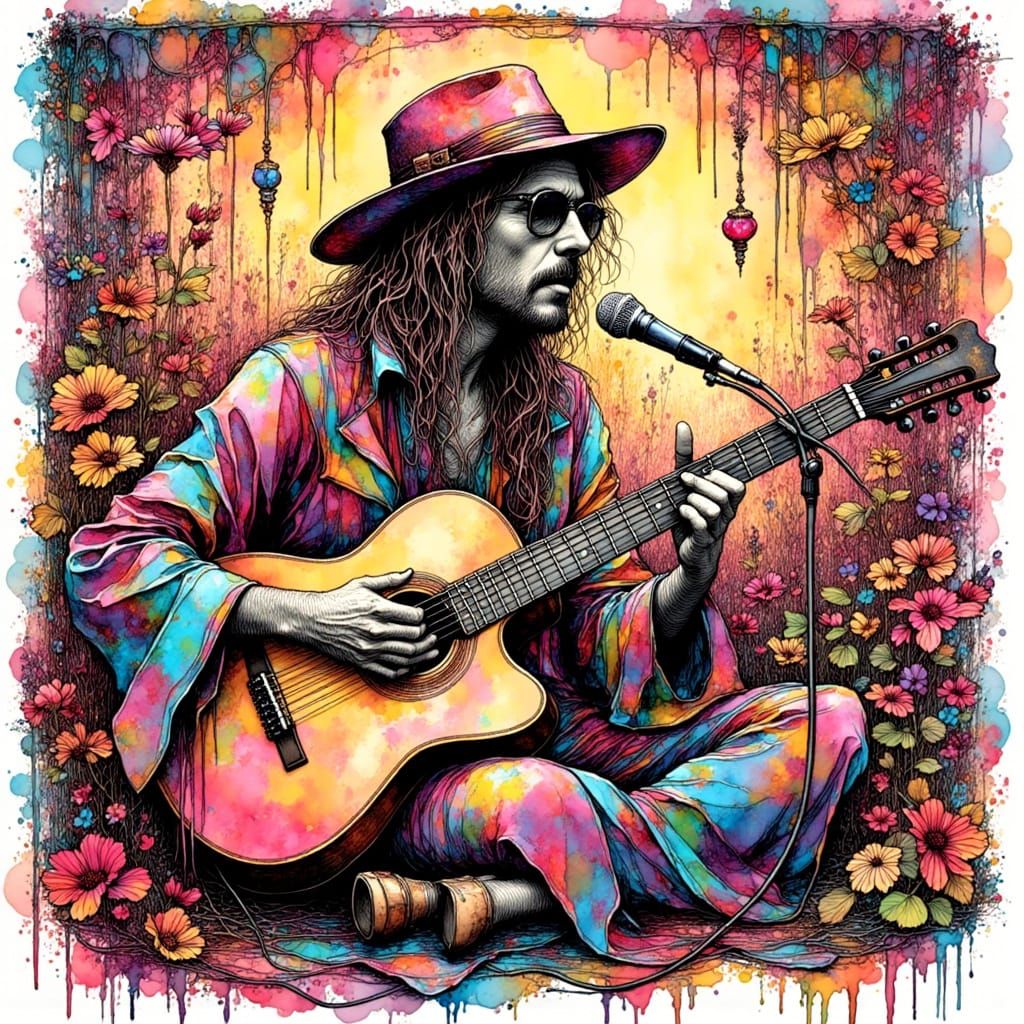 Psychedelic 70s Singer Surrounded by Abstract Patterns