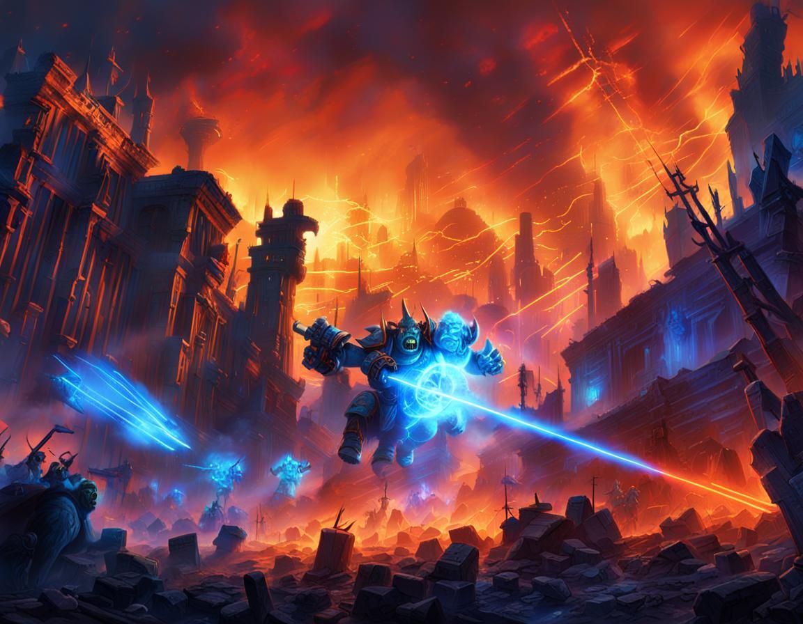 Warhammer Battles Orks with Laser Beams in a Ruined City