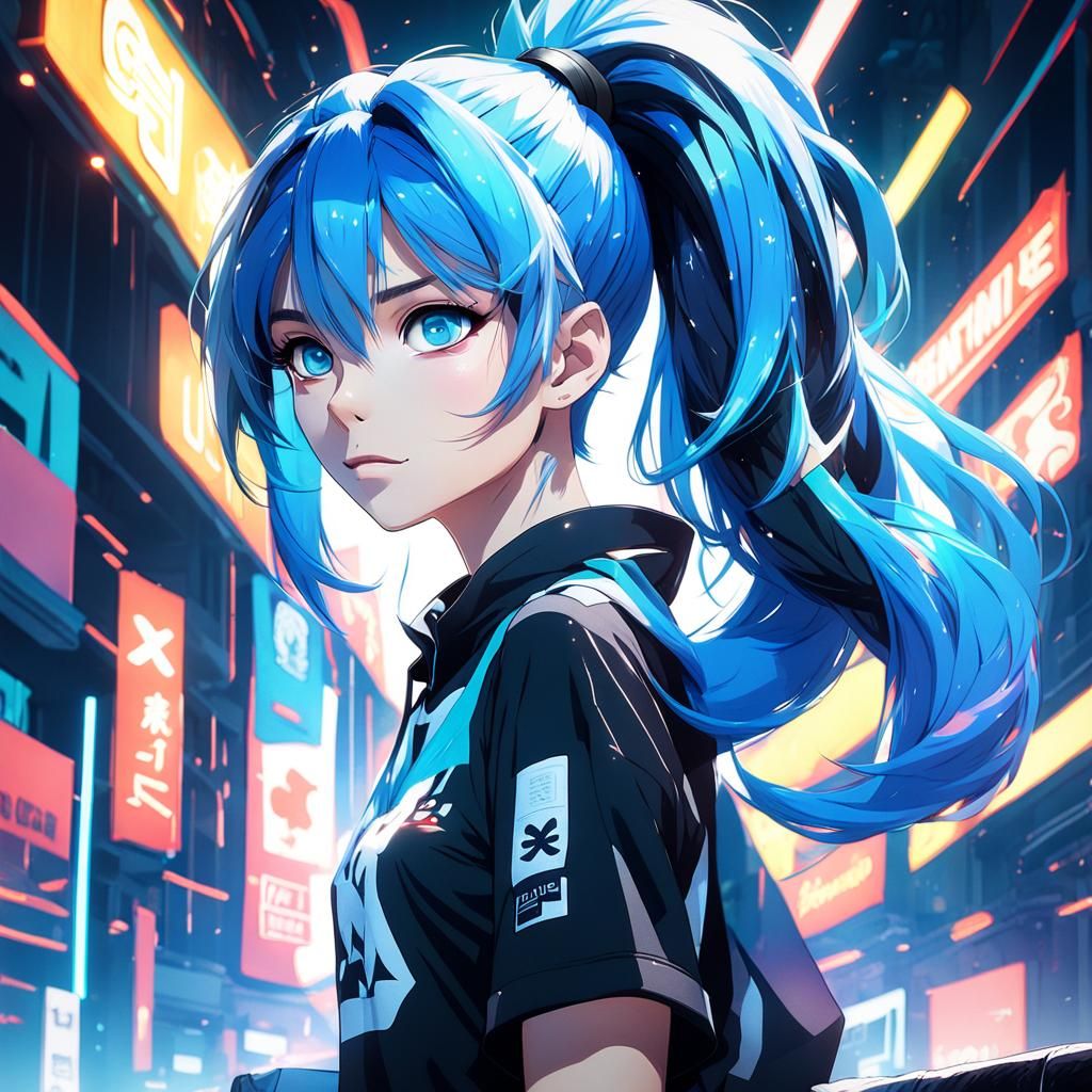 Anime Girl Portrait with Blue Hair, 3D Render
