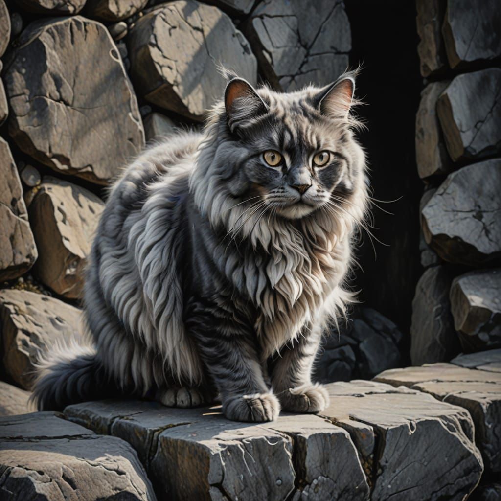 Charcoal Drawing of Regal Angora Cat on Stone Wall