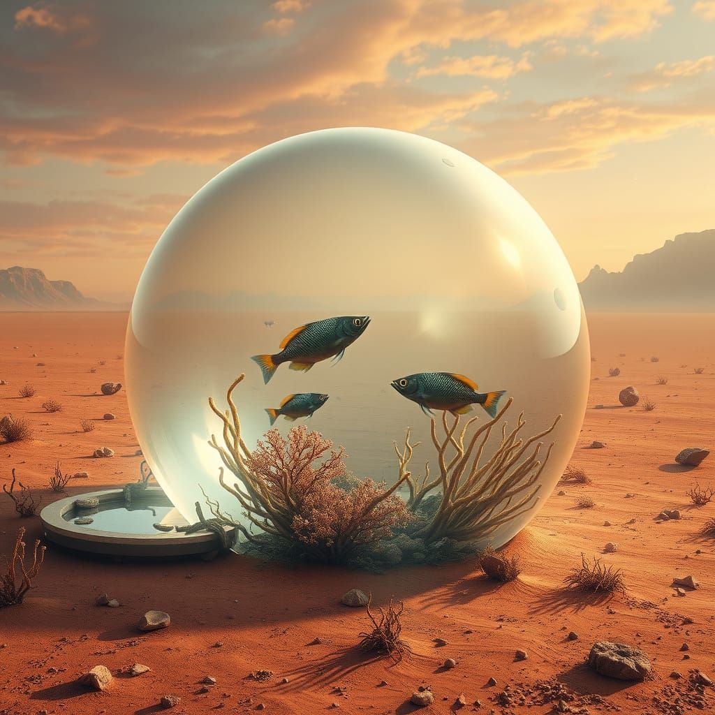 Surreal Desert Sphere with Underwater Ecosystem