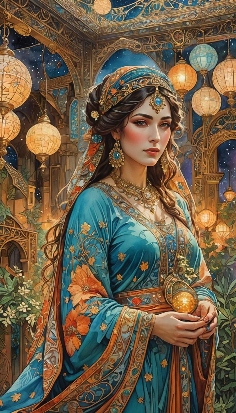 Serene Woman Waking in Forest: Art Nouveau Portrait