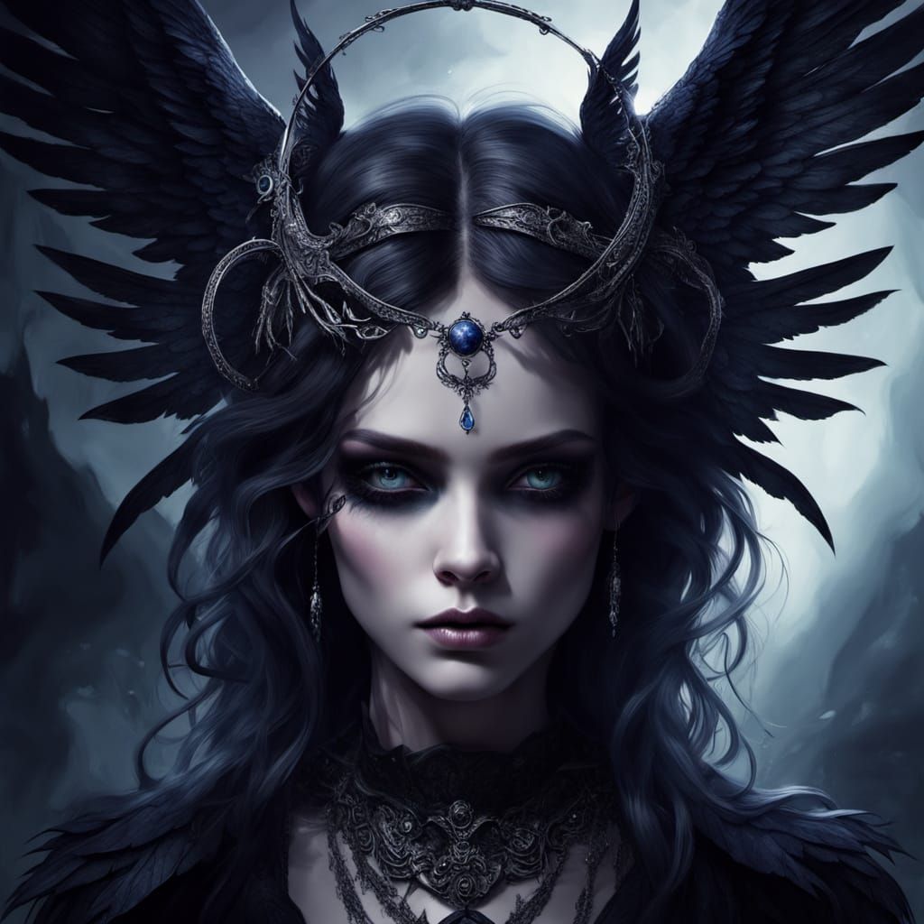 Gothic Dark Fantasy Princess with Tattered Wings and Glowing...