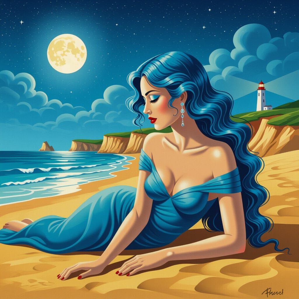 Surreal Woman Merges with Dreamlike Coastal Landscape