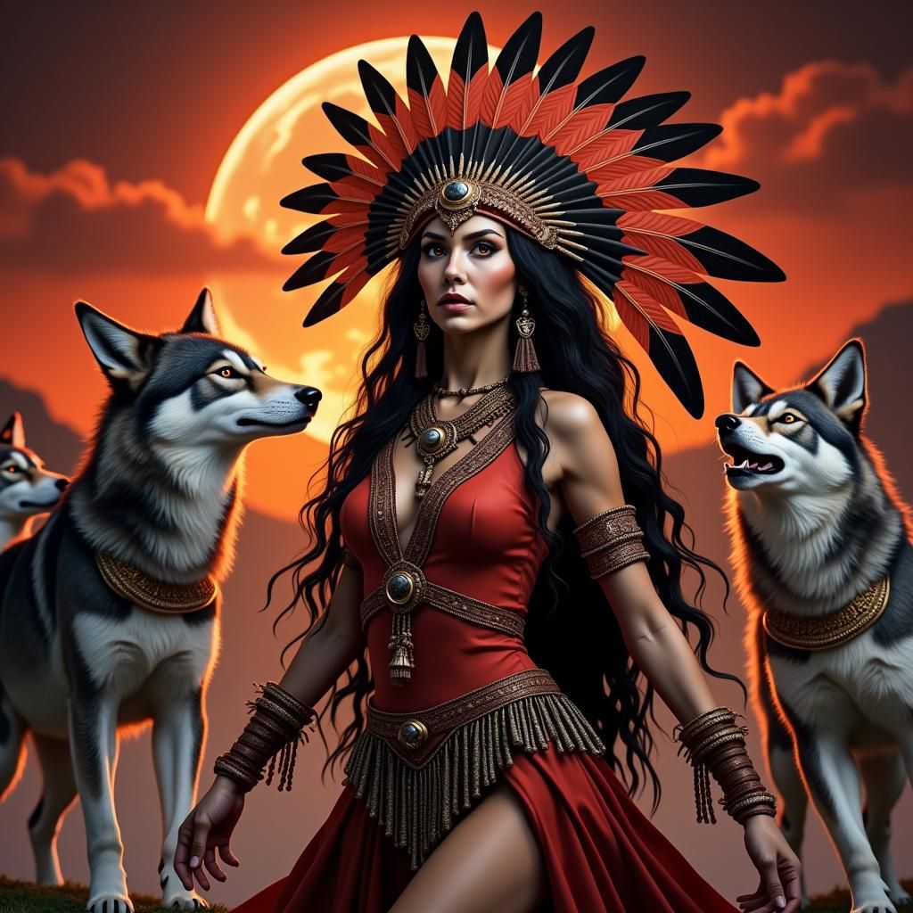 Shaman Woman Dancing with Wolves Under Fiery Moon