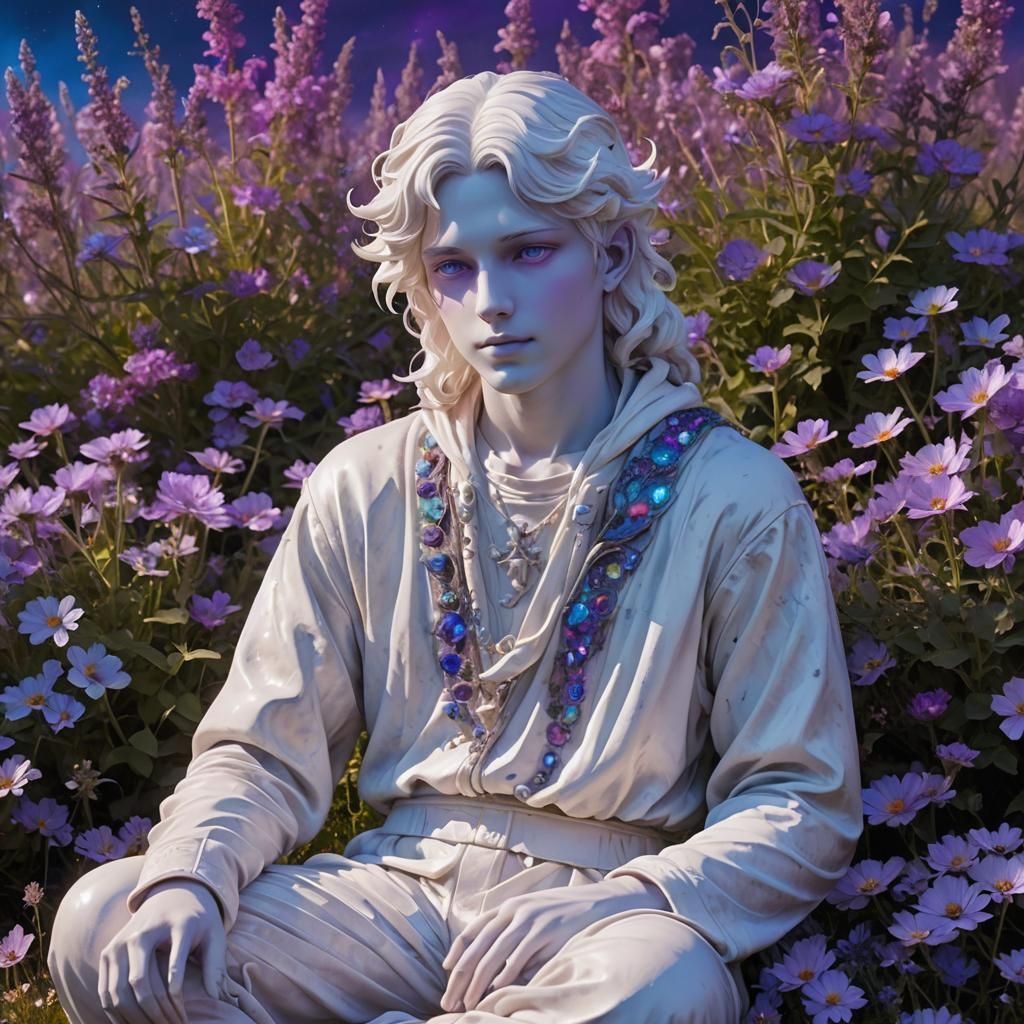 Iridescent Marble Statue in Bioluminescent Meadow
