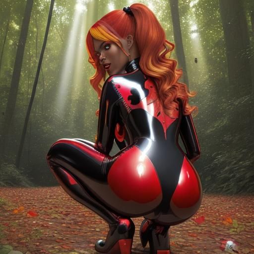 Radiant Ladybug with Woman in Forest, Hyperrealistic
