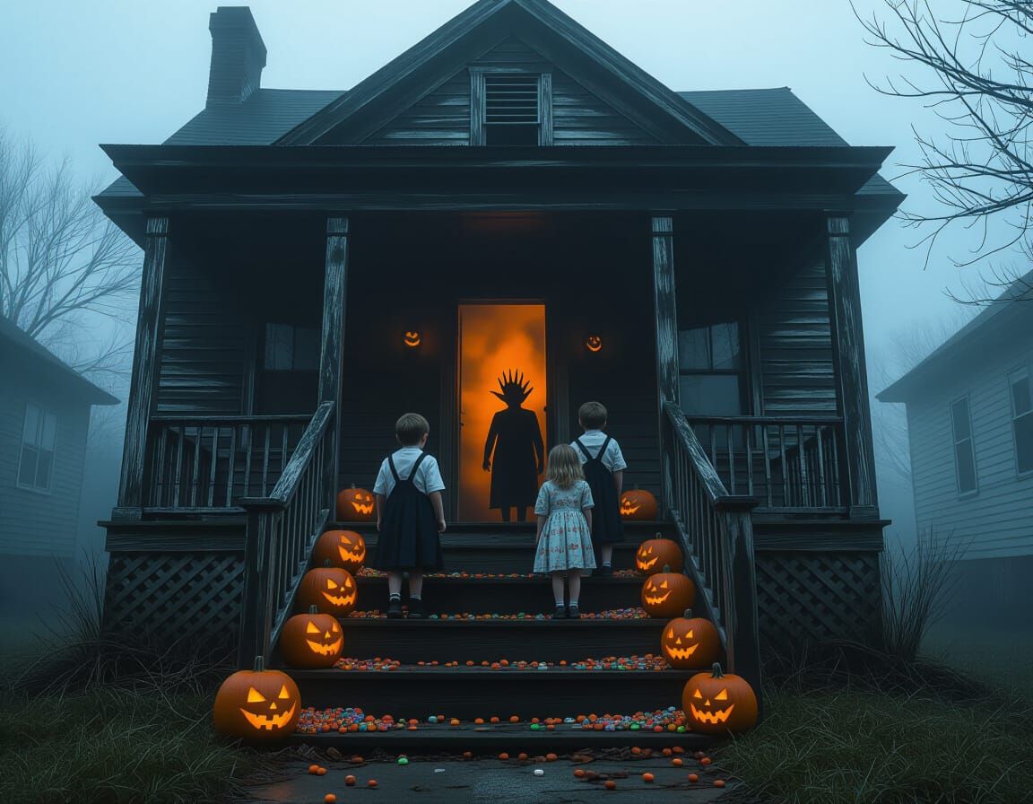 Nightmare Halloween Porch Scene with Demonic Hand