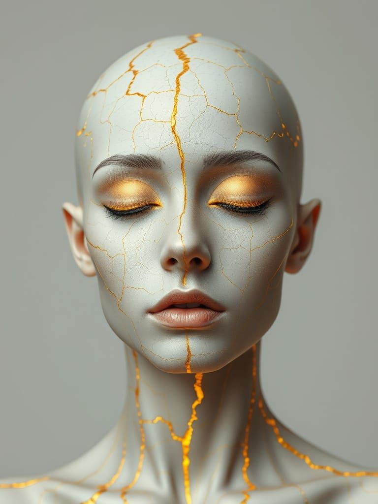 Serene Figure with Golden Cracks: Healing Portrait