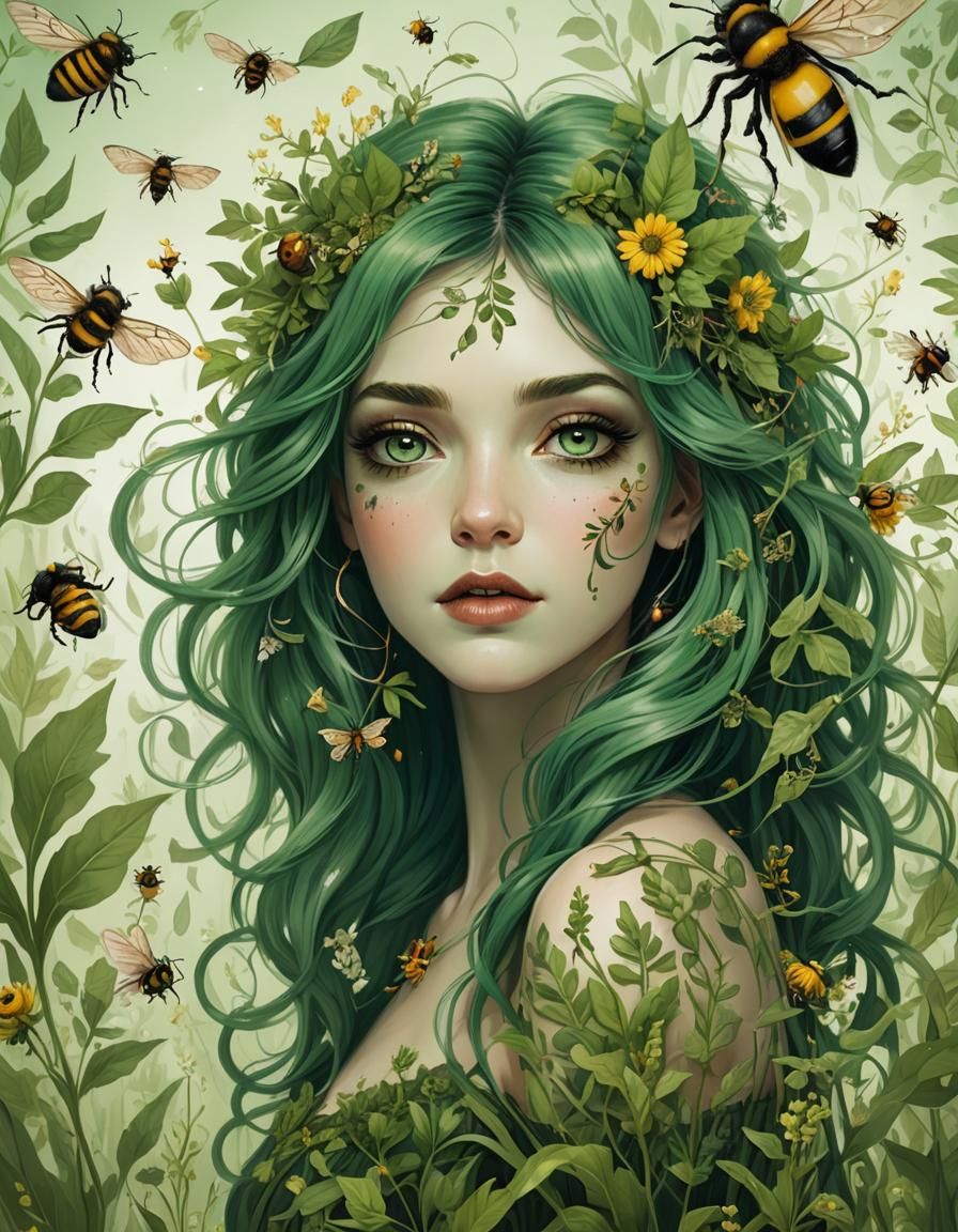 Green Meadow Goddess with Insects and Plant Patterns