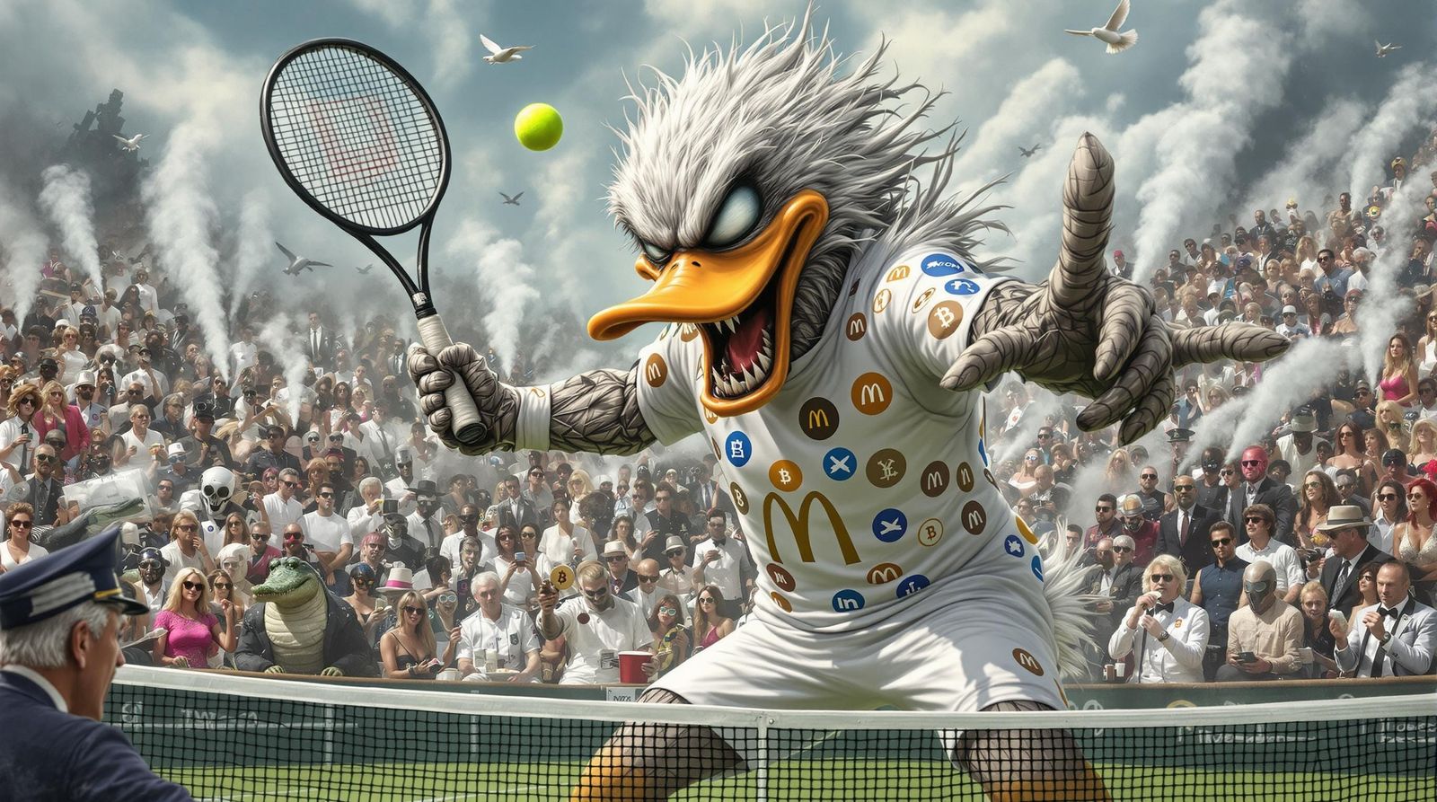 Grotesque Donald Duck Monster Playing Tennis