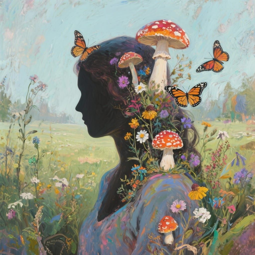 Surreal Woman in Nature with Emerging Flora