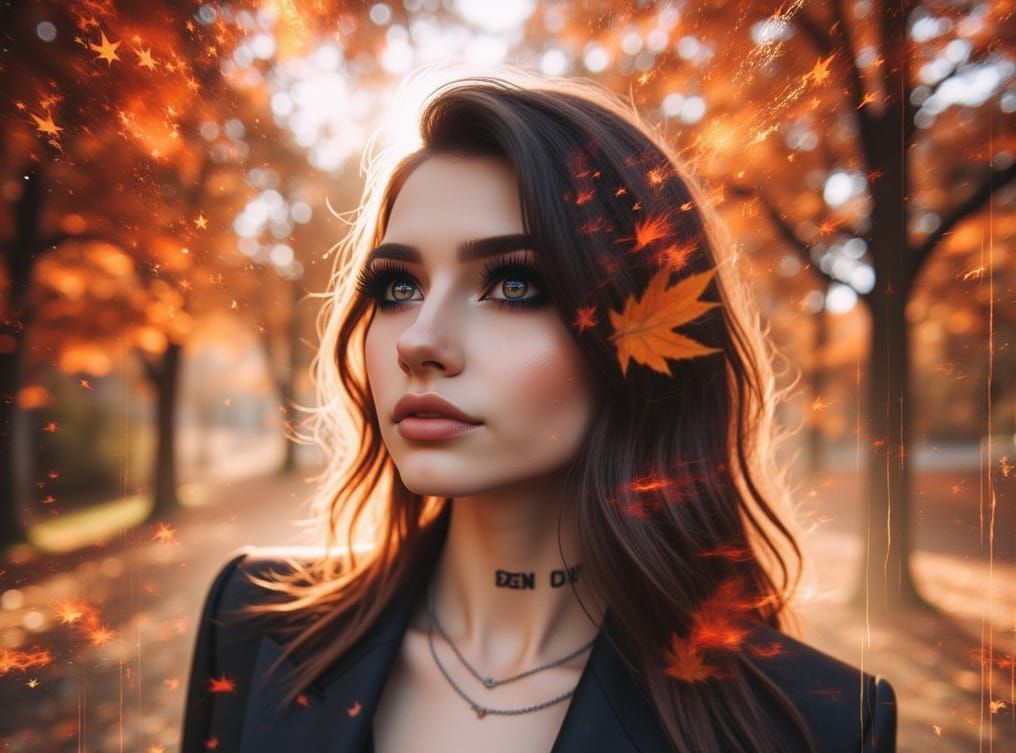 Woman in Suit Embraces Autumn Double Exposure