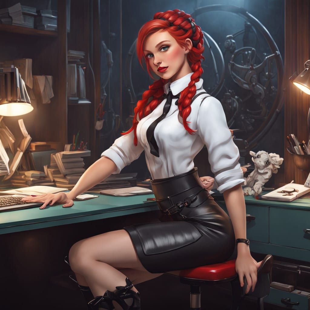 Confident Office Secretary in Charcoal Hyper-Realism