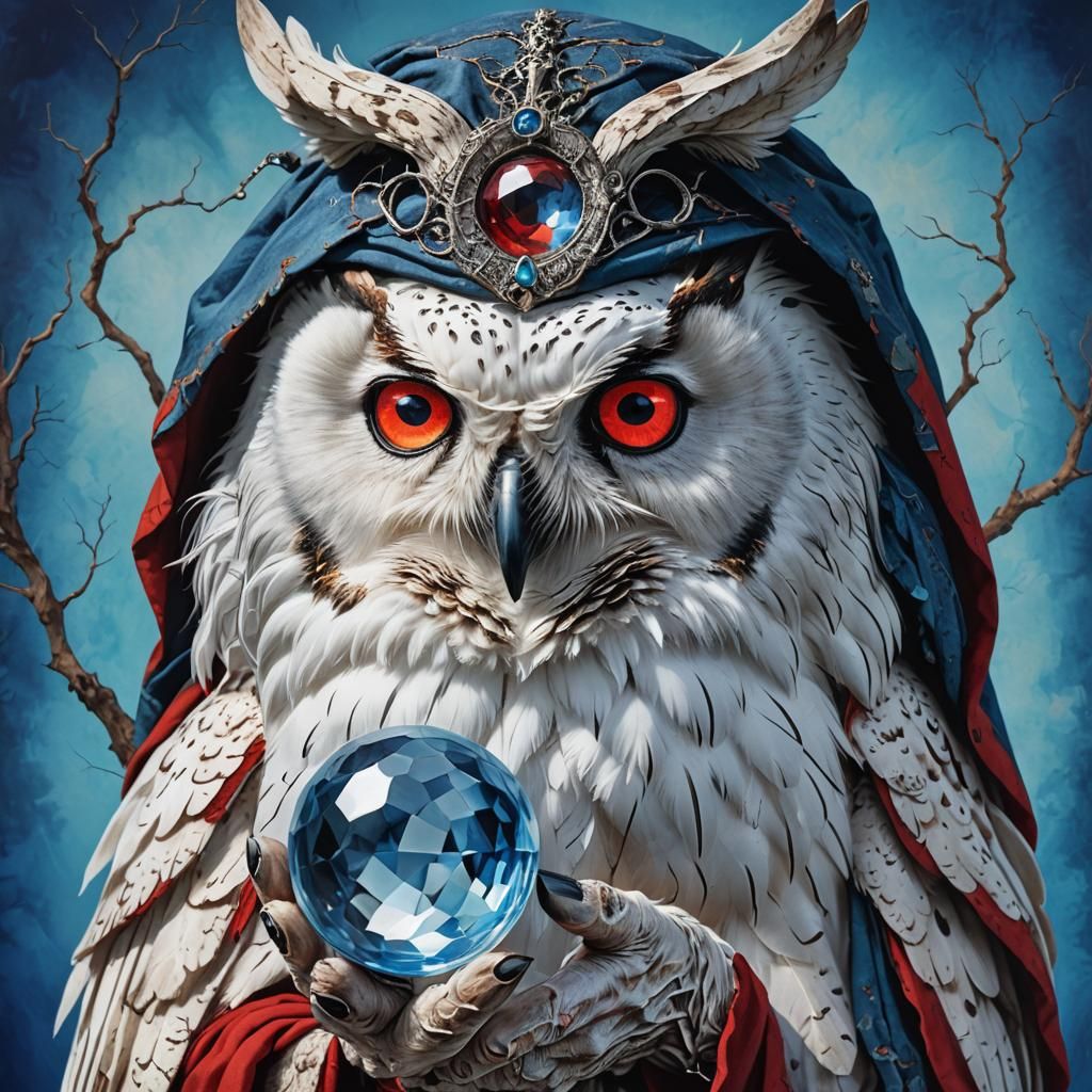 Owl-faced Witch with Crystal Ball in Digital Art