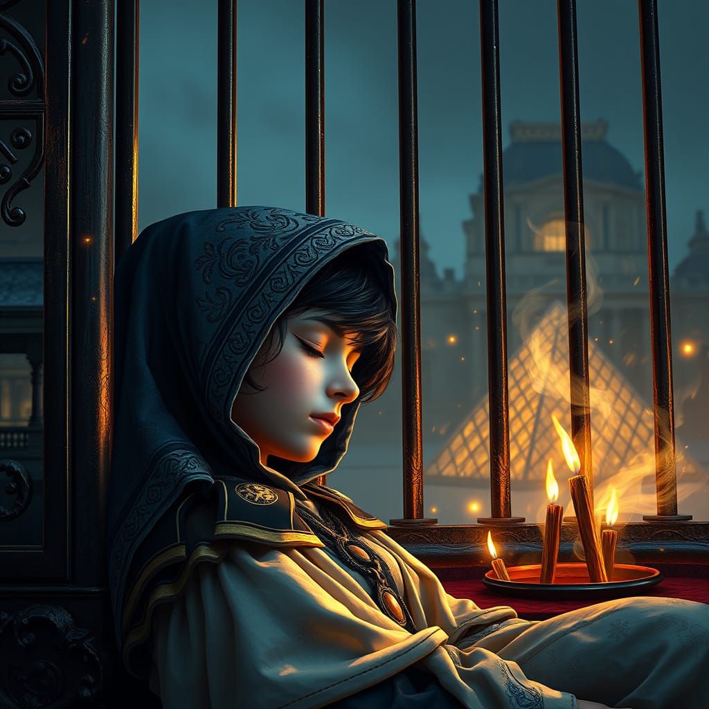 Girl Rests at Louvre Gates in Fantastical Matte Painting