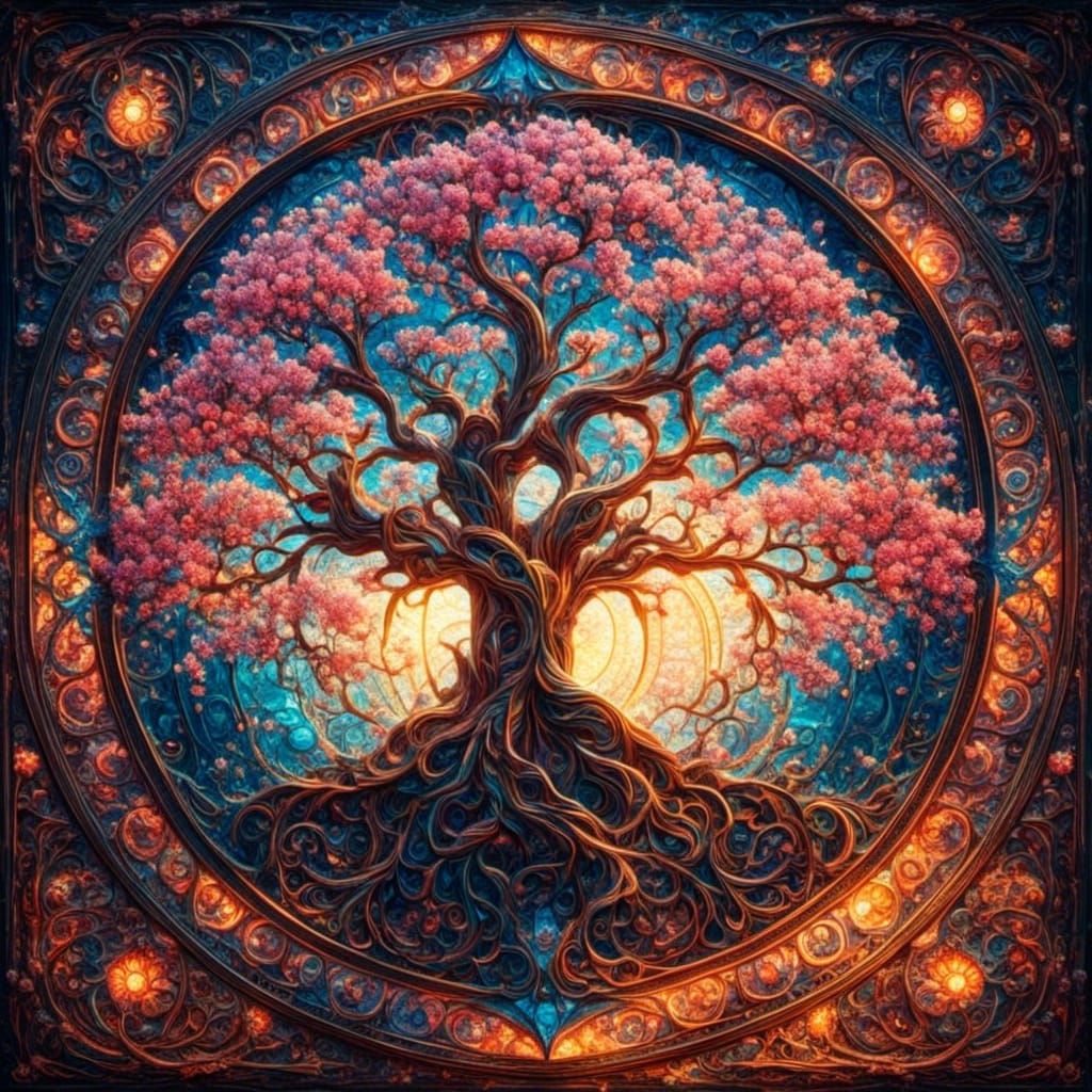 Cherry Blossom Mandala in Stained Glass Fractal