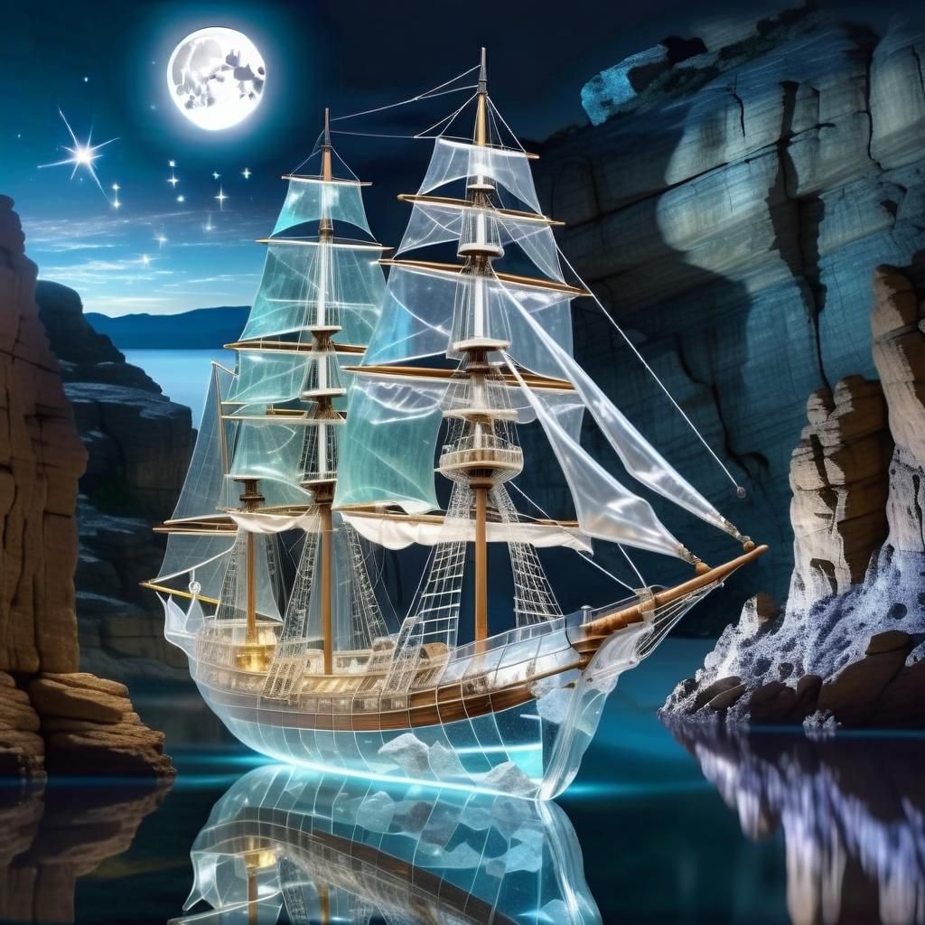 Magical Glass Sailing Ship Glistening Under Moonlight