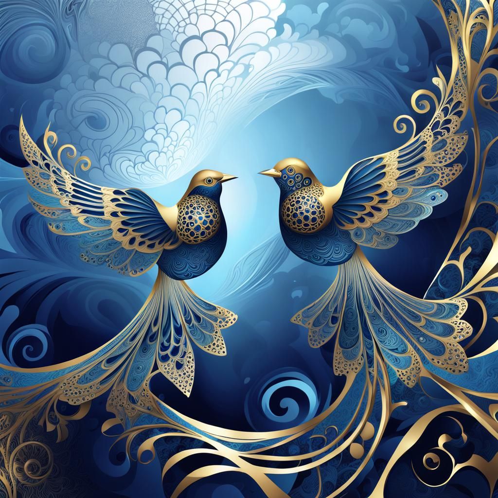 Gold Lace Birds in Abstract Fractal Design