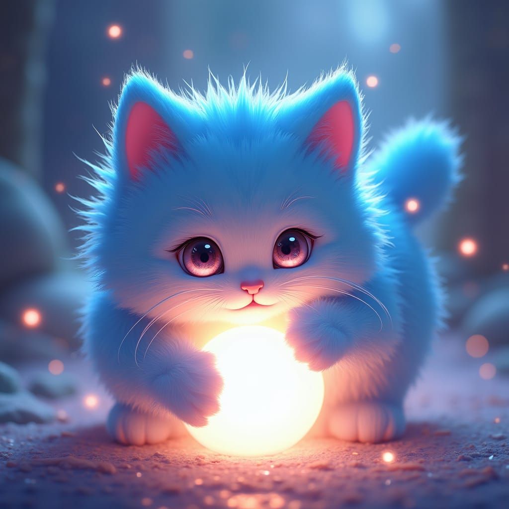 Whimsical Fluffy Blue Cat in Vibrant 3D Anime Art
