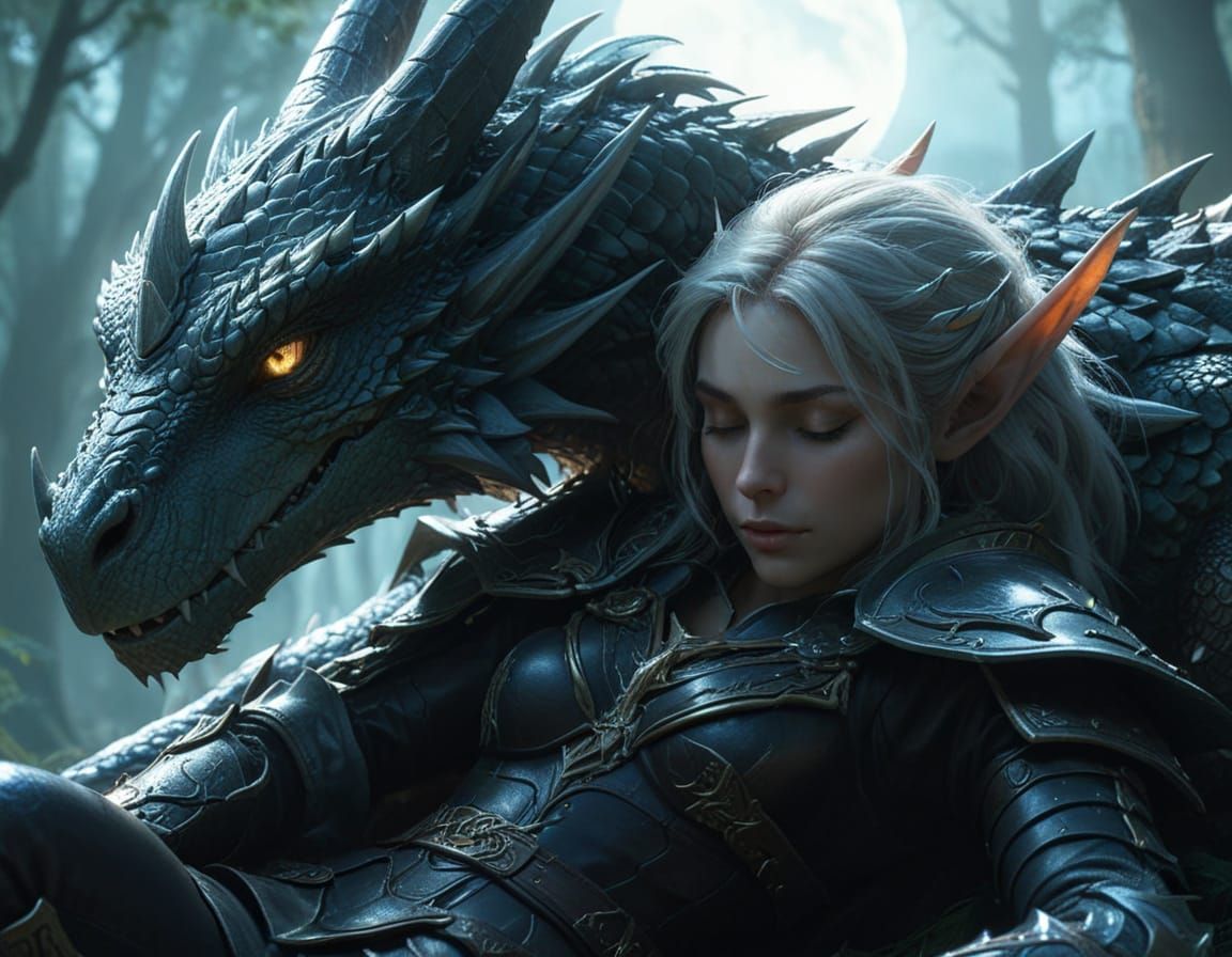 Ethereal Elf Maiden in Moonlit Forest with Majestic Dragon