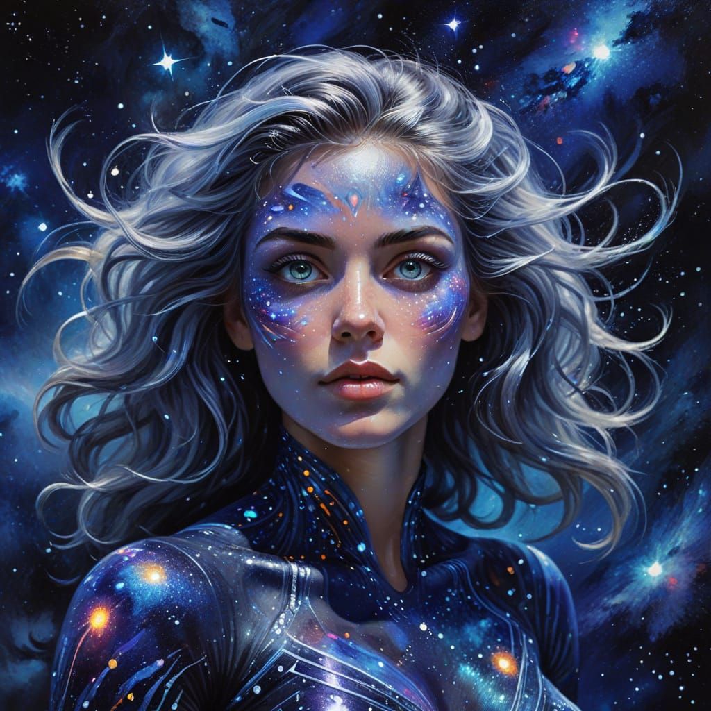 Celestial Goddess with Galaxy Skin and Floating Hair