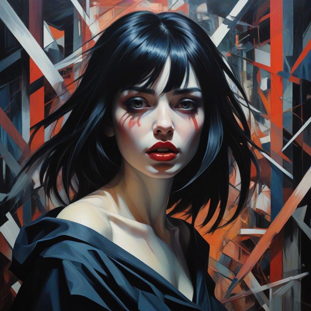 Distorted Woman in Geometric Horror Scene