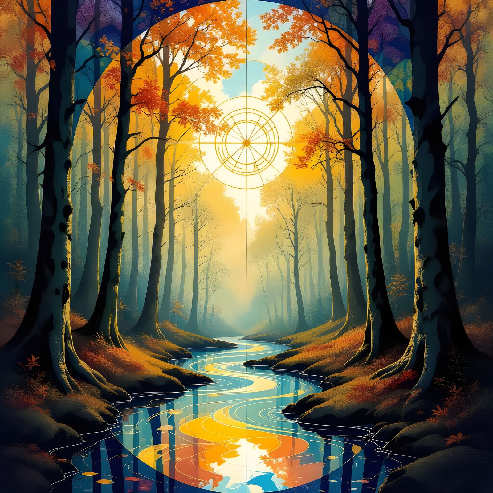 Ethereal Forest Cathedral in Autumn Suminagashi Style