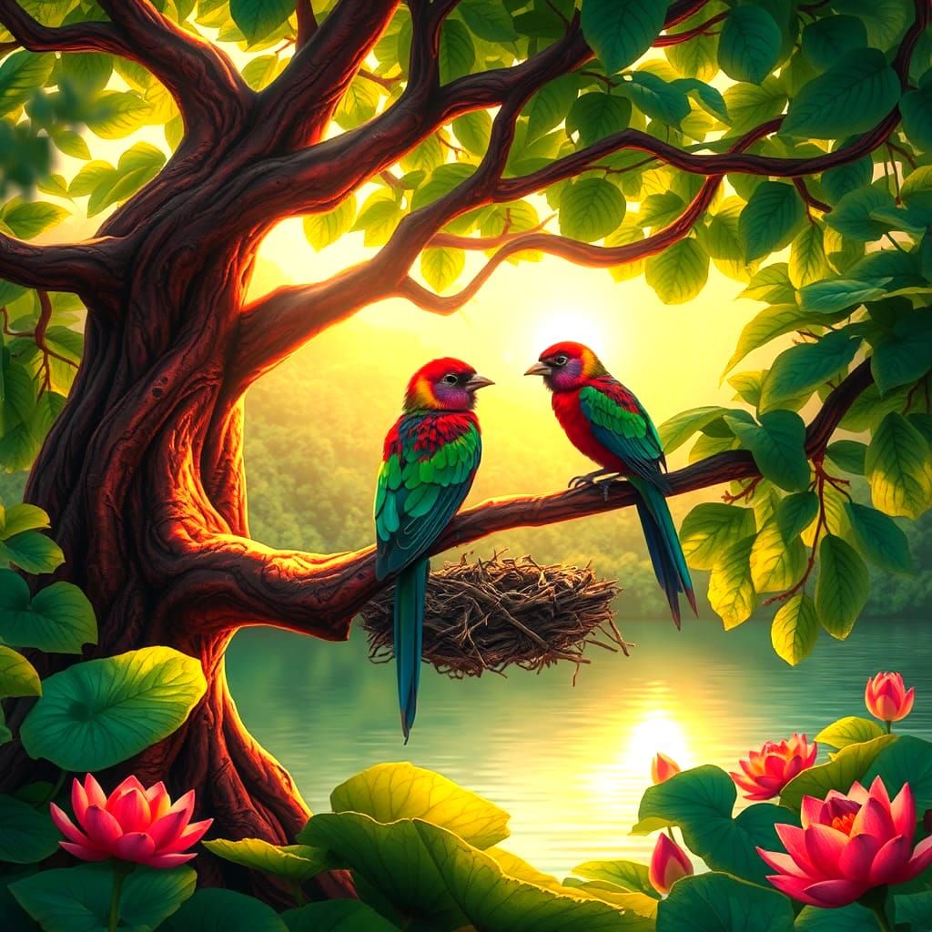 Colorful Birds in a Lush Guava Tree, Detailed Matte Painting