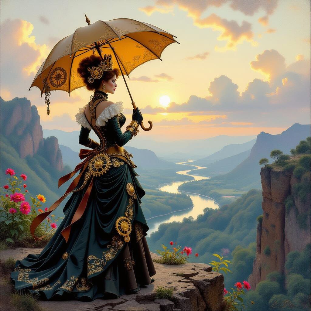 Steampunk Queen on Precipice in Bouguereau Style