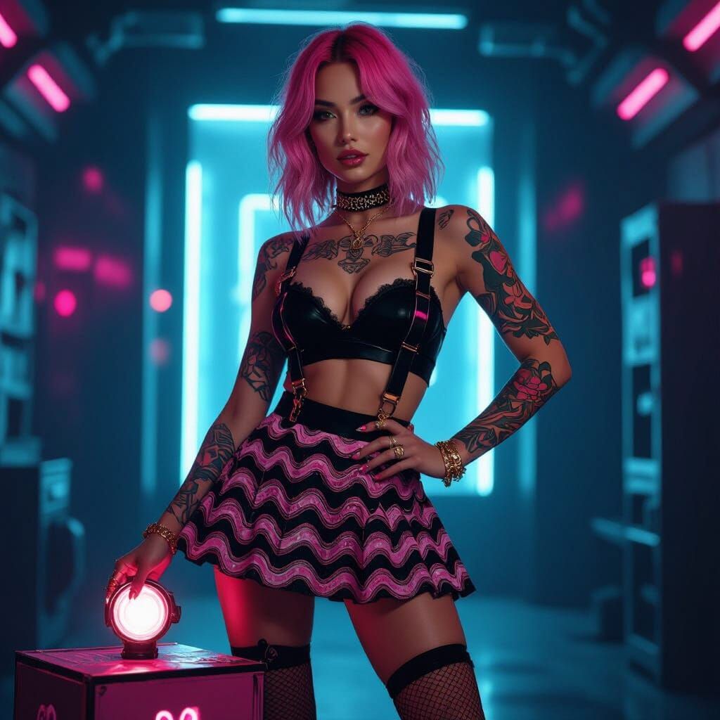 Cyberpunk Lady with Pink Hair in Neon Cityscape