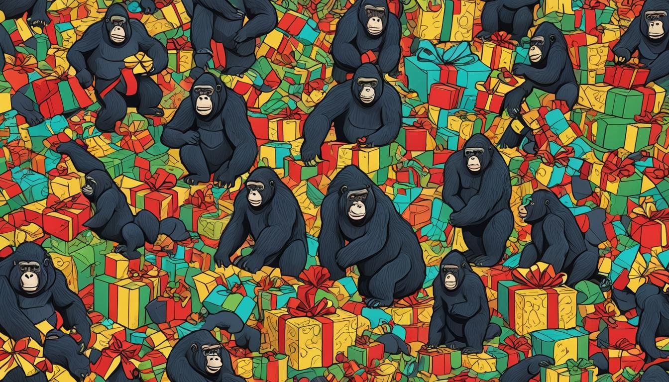 Gorillas Wrapping Presents in Vibrant, Whimsical Patterns