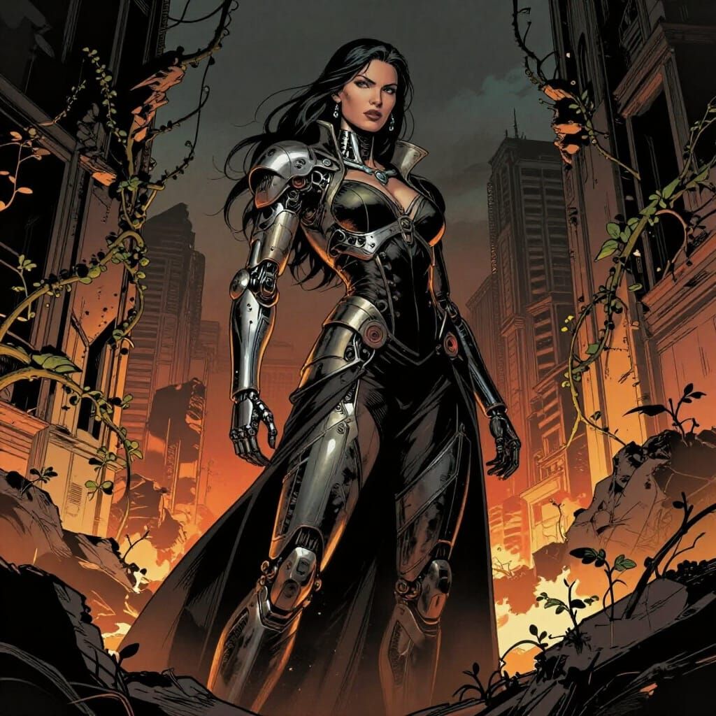 Cyborg Woman in High Fashion Amidst City Ruins