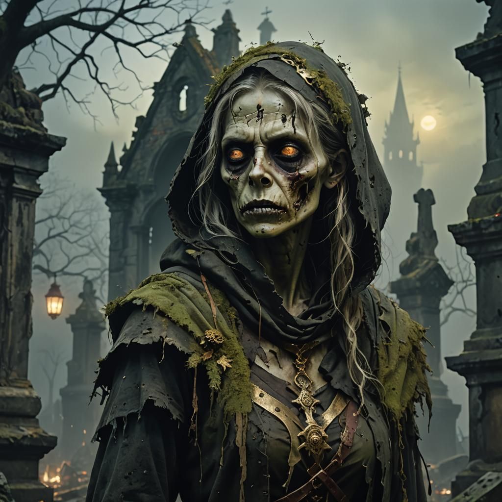 Female Zombie Portrait in Misty Graveyard