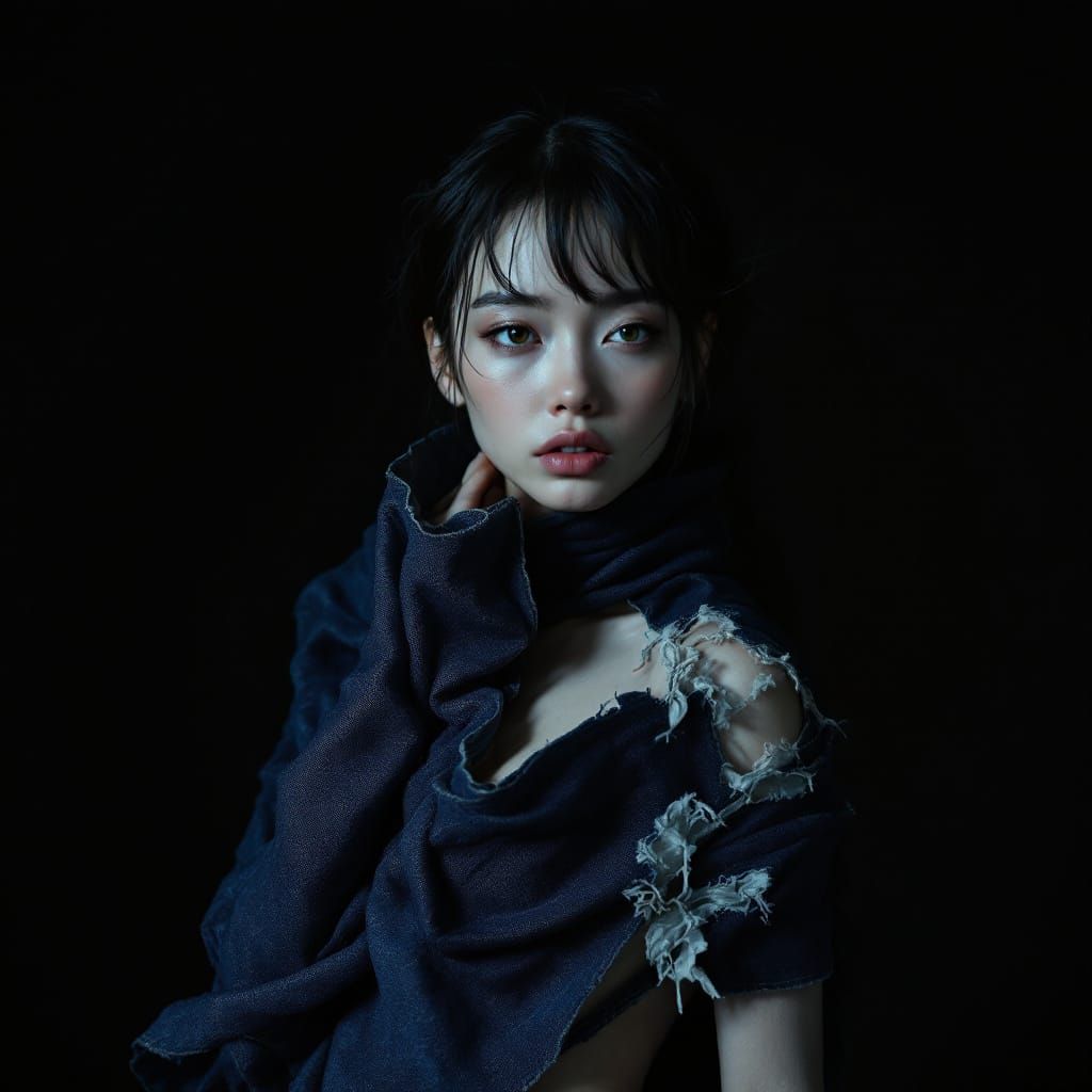 Emotive Woman in Avant-Garde Denim Outfit