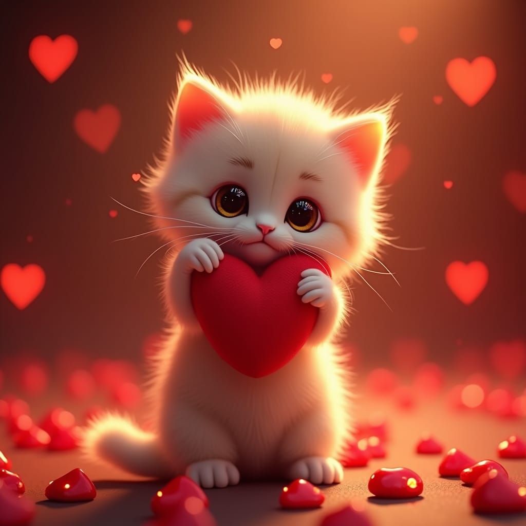 A standing animated kitten with luscious, velvety fur, iridescent whiskers, and enormous, shimmering eyes that sparkle l...