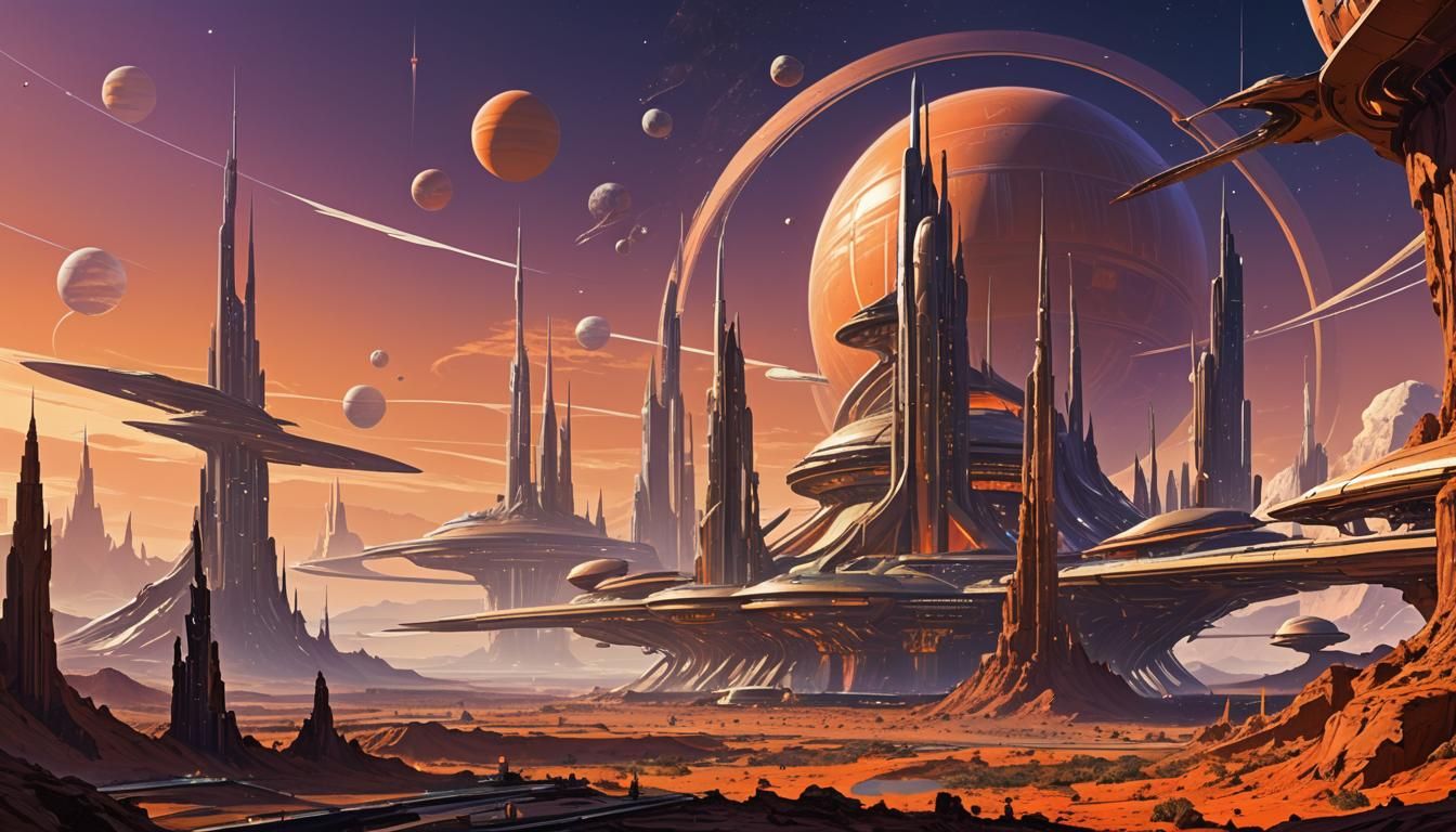 Futuristic Spaceport on Alien World with Saturn