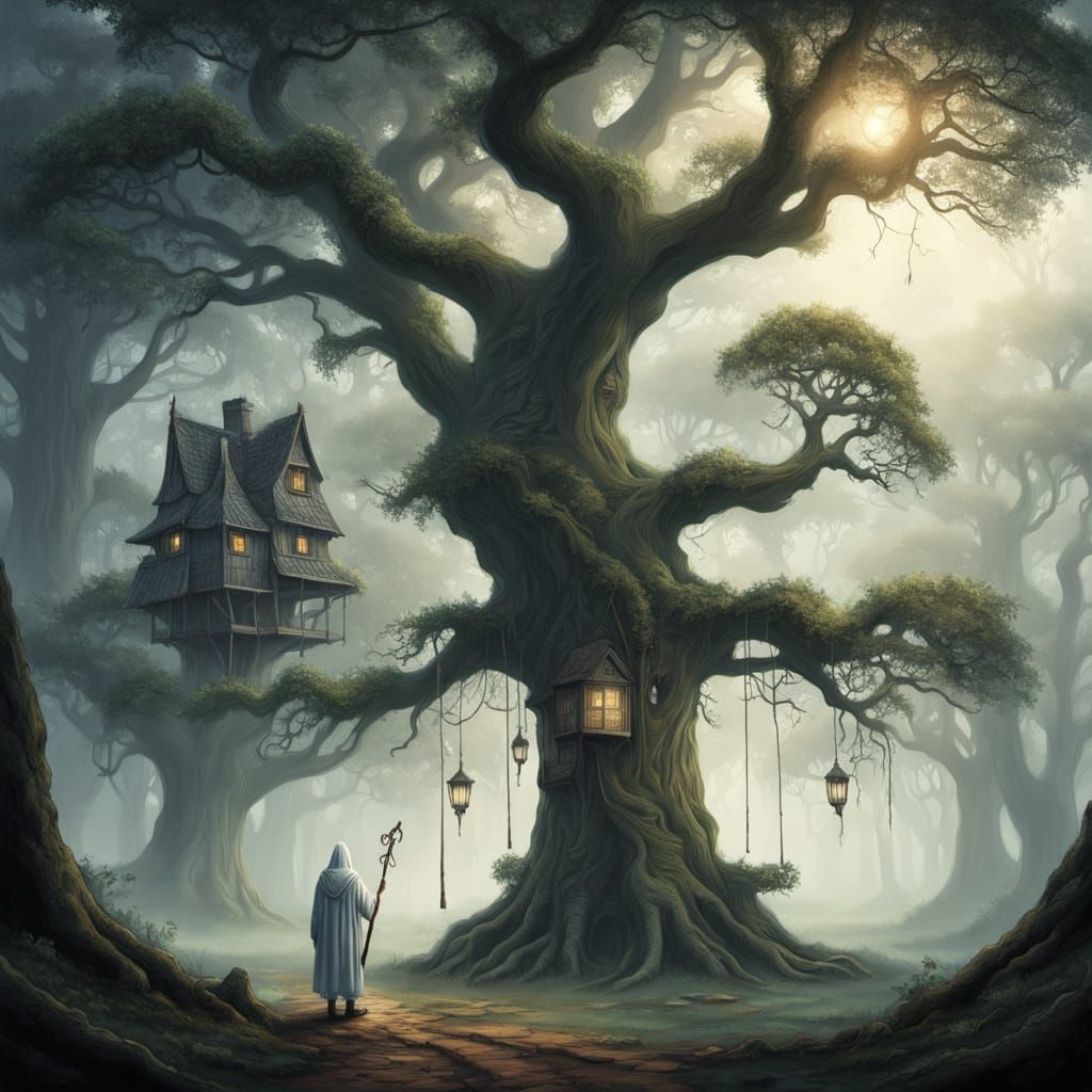 Enchanted Oak Tree Village in Whimsical Fantasy Landscape