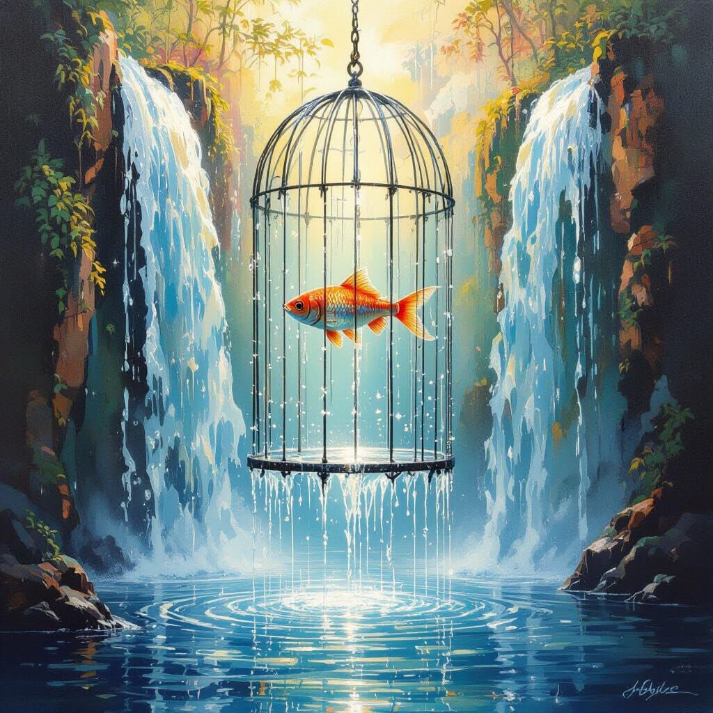 Surreal Waterfall Cage With Water Fish