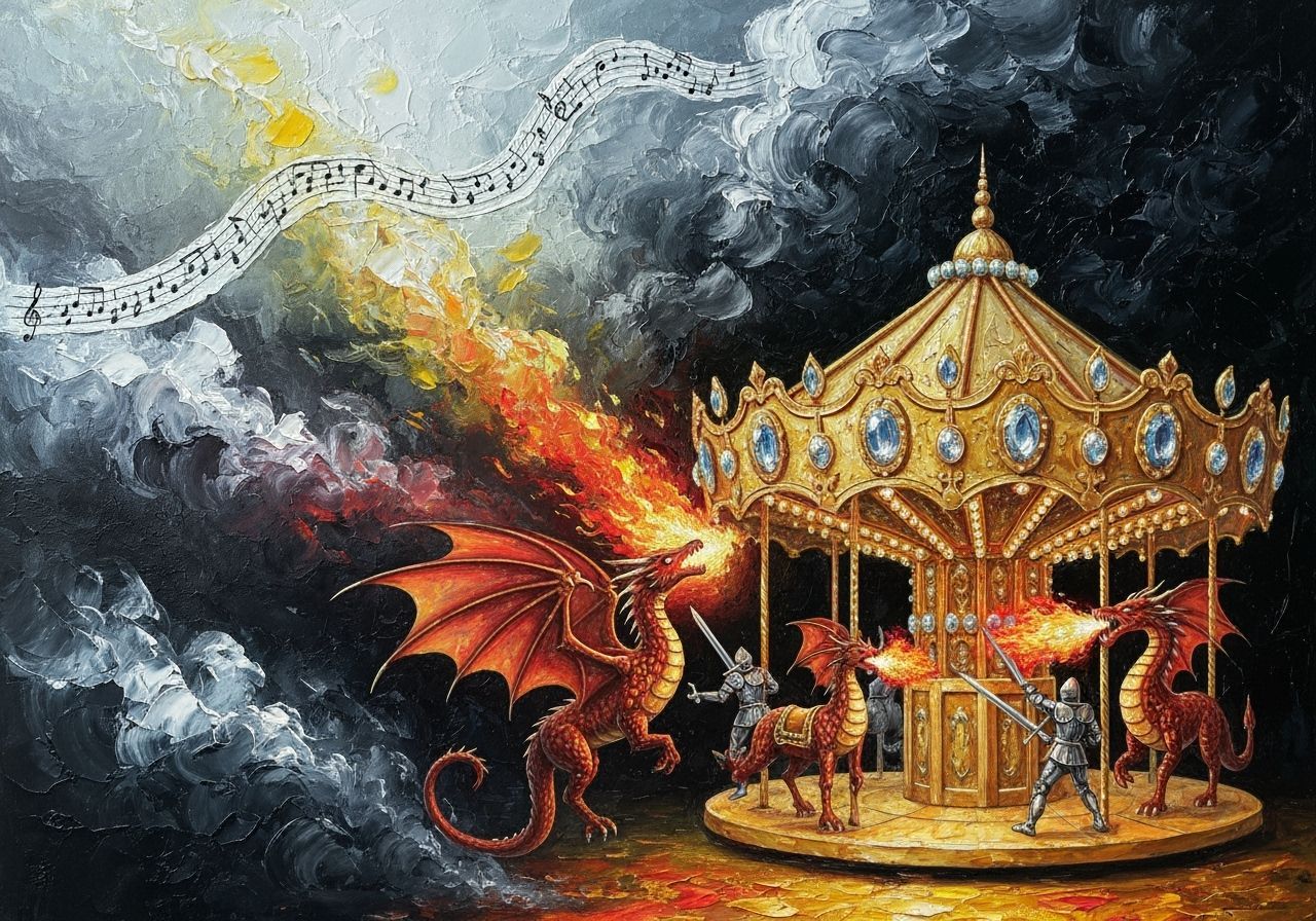 Fiery Dragon Battle on Gemstone Carousel, Impasto Oil Painti...